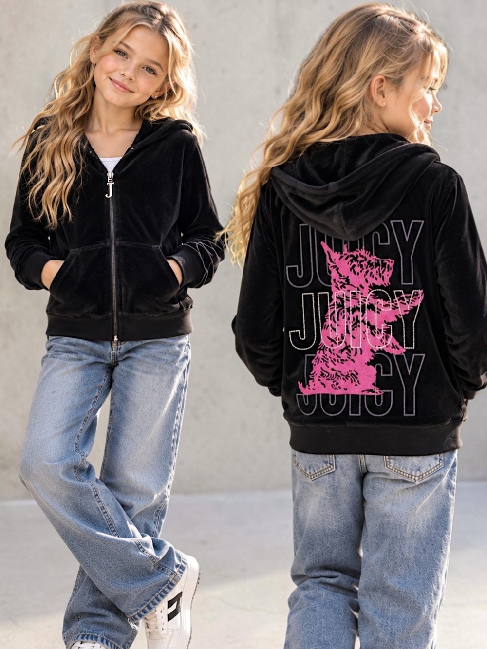 Juicy Couture Girls 10 Y2K Black Velour Zip Hoodie Pink Terrier Dog Graphic